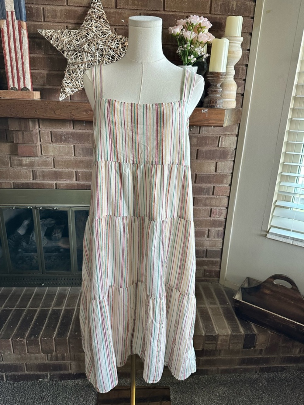 Madewell Textural Rainbow Stripe Button-Back Tiered Midi Dress Size 10